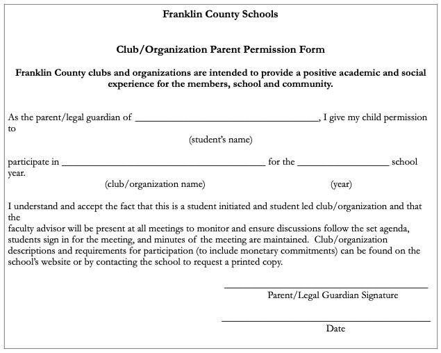 Franklin County Schools Club Parental Permission Form