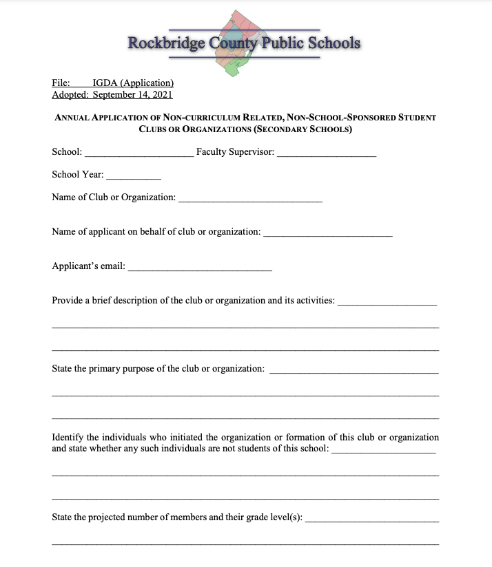 Rockbridge County Schools Application for Non-Curriculum-Related, Non-School-Sponsored Club/Organization (pg. 1)