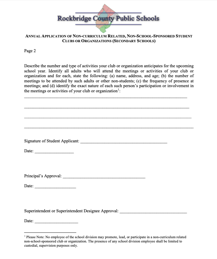 Rockbridge County Schools Application for Non-Curriculum-Related, Non-School-Sponsored Club/Organization (pg. 2)