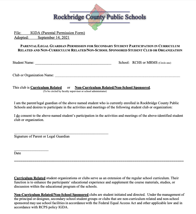 Rockbridge County Public Schools Parental Permission Slip for Club Involvement